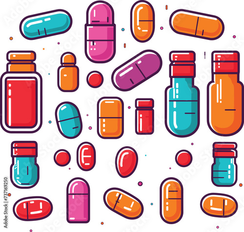 Colorful medication pills bottles illustration. Various tablets, capsules, medicine containers. Pharmaceutical drugs healthcare vector illustration