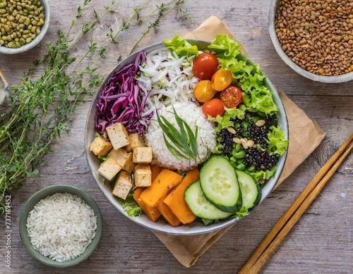 Vegane Bowl mit Tofu, Möhren, Salat, Avocado, Kernen und Sushi-Reis