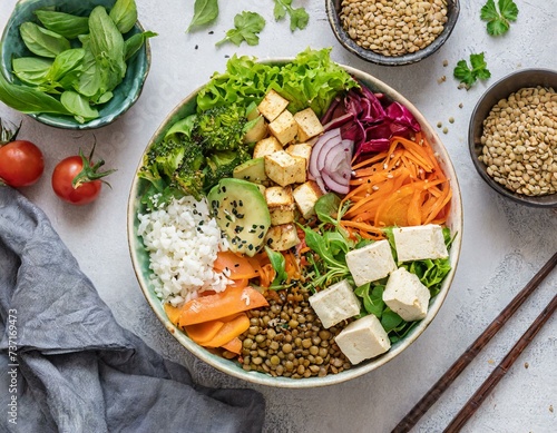 Vegane Bowl mit Tofu, Möhren, Salat, Avocado, Kernen und Sushi-Reis