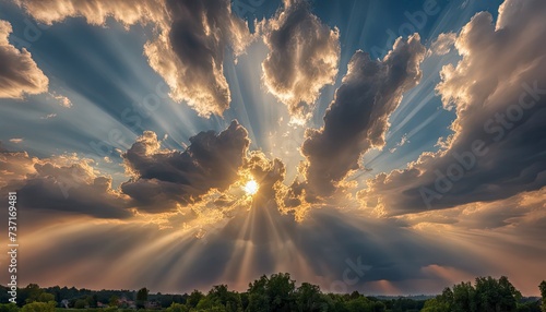 sun rays through the clouds, sunset, golden hour, blue sky with clouds, clouds in the sky, panoramic view of clouds, cloud background photo