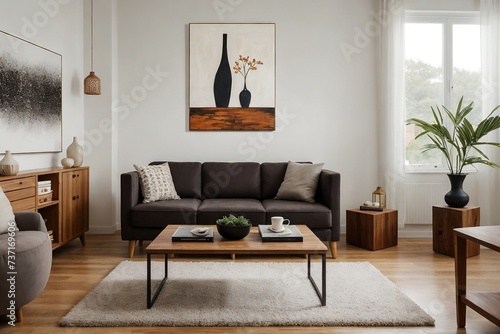 Wooden living room design. Beautiful living room in wooden styles with modern paintings, vase and personal accessories in a perfect composition