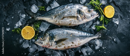 Two bonyfish are perched on a bed of ice adorned with fresh lemon slices, awaiting to be served as a delicious seafood dish