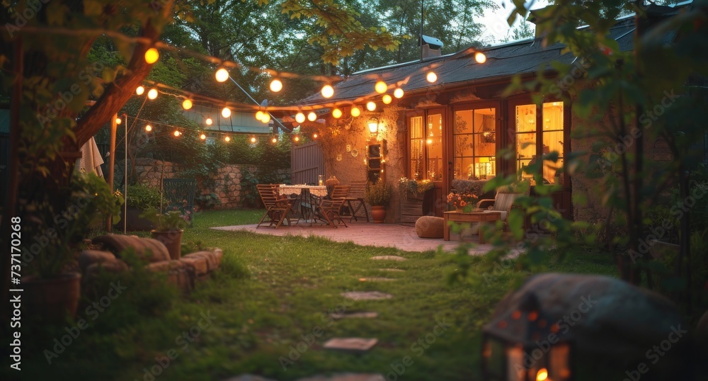 a garden yard lit up by string lights during dusk