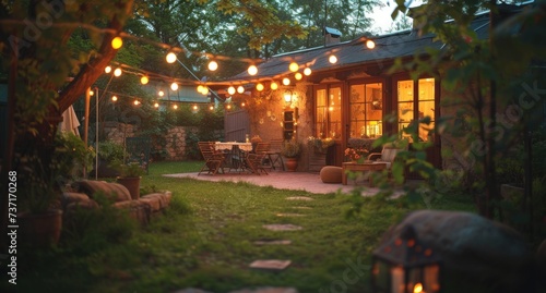a garden yard lit up by string lights during dusk