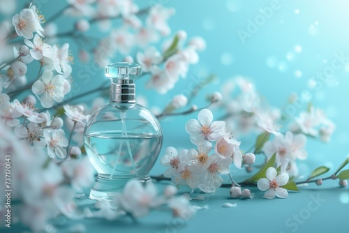 perfume bottle on flower with white blossoms and blue background