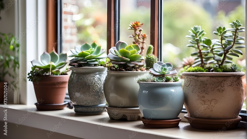 pots on a window, A beautiful succulent garden in decorative pots adorning a window sill pots on a window, A beautiful succulent garden in decorative pots adorning a window sill