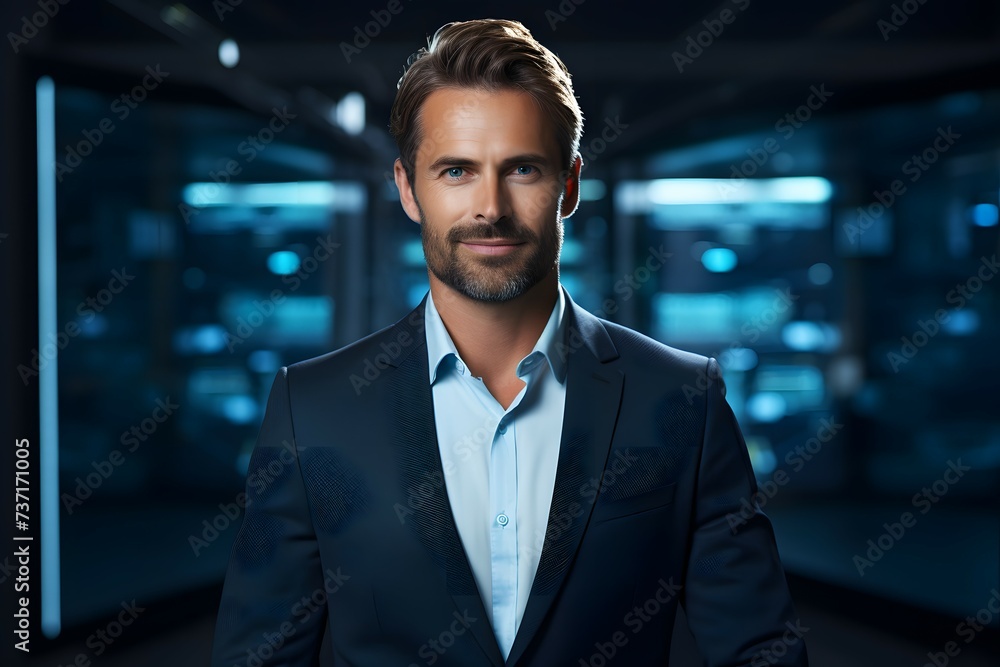A well-dressed man with a confident look stands in a futuristic control room with blue ambient lighting A well-dressed man with a confident look stands in a futuristic control room with blue ambient lighting