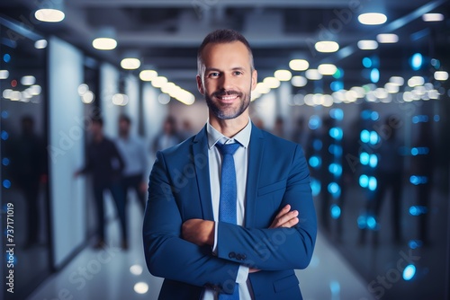 A smiling man in a blue suit stands confidently at the forefront of a busy, blurred office setting