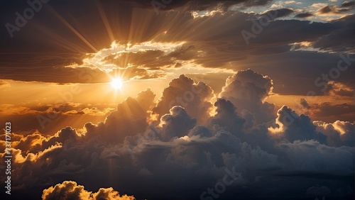 sun rays through the clouds, sunset, golden hour, blue sky with clouds, clouds in the sky, panoramic view of clouds, cloud background © Gegham