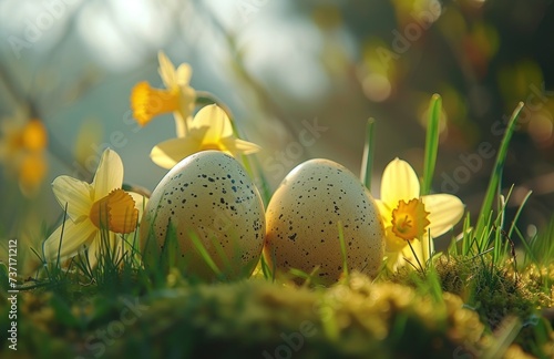 easter eggs in grass with daffodils