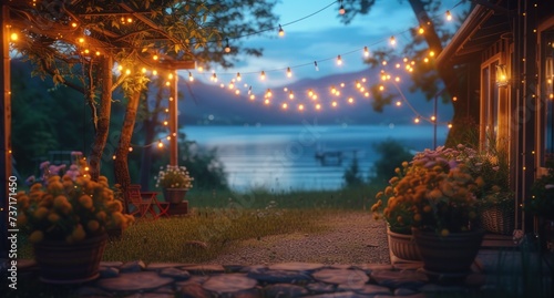 a garden yard lit up by string lights during dusk