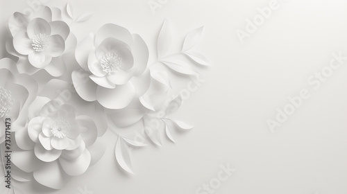 abstract painting depicting three-dimensional white paper flowers with large petals. copy space