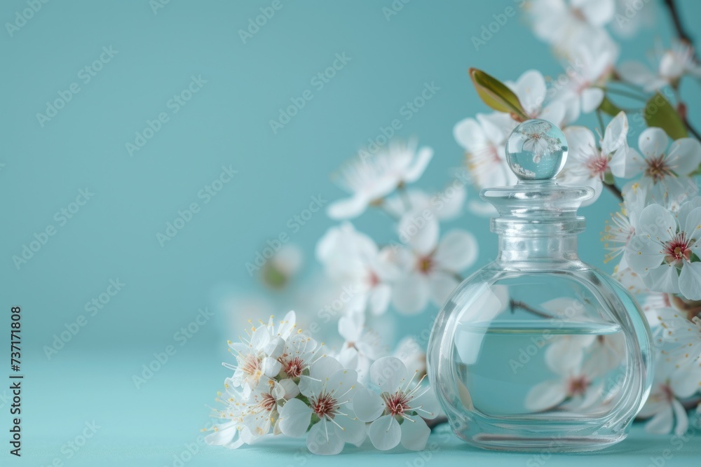 perfume bottle on flower with white blossoms and blue background perfume bottle on flower with white blossoms and blue background