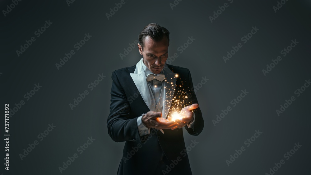 Fototapeta premium Smiling magician in black tuxedo performs a captivating magic trick against a white backdrop.