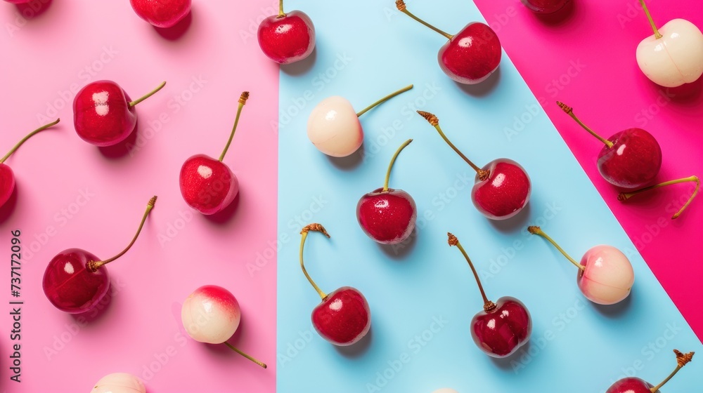 a group of cherries sitting on top of a blue pink and pink surface. a group of cherries sitting on top of a blue pink and pink surface.