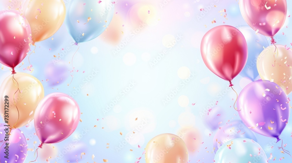 The image displays a vibrant scene filled with helium balloons in shades of pink, blue, and gold, floating against a soft, pastel-colored background. Scattered confetti and sparkling dots enhance the 