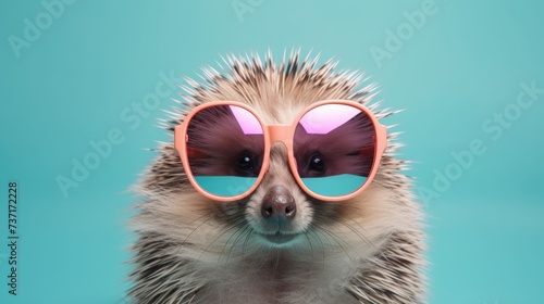 Creative animal concept. Porcupine in sunglass shade glasses isolated on solid pastel background, commercial, editorial advertisement, surreal surrealism