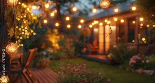 a garden yard lit up by string lights during dusk © olegganko