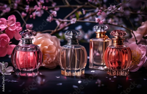 3 different small bottles of perfumes on a black surface