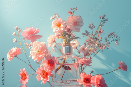 a bottle filled with perfume and flowers arranged on a blue background