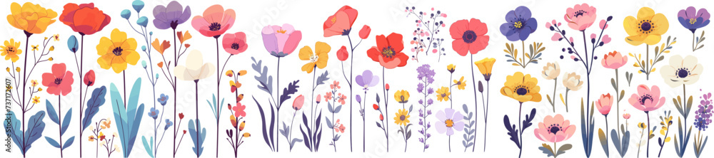 A vibrant panorama of stylized wildflowers and flora, artfully illustrated to bring a natural and artistic touch to any space. Modern flat vector illustrations isolated on white background - obrazy, fototapety, plakaty 