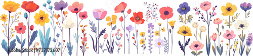 A vibrant panorama of stylized wildflowers and flora  artfully illustrated to bring a natural and artistic touch to any space. Modern flat vector illustrations isolated on white background