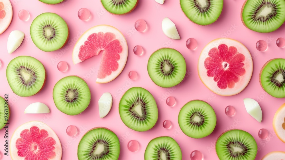 Fototapeta premium slices of kiwi, watermelon, and grapefruit arranged in a pattern on a pink background.
