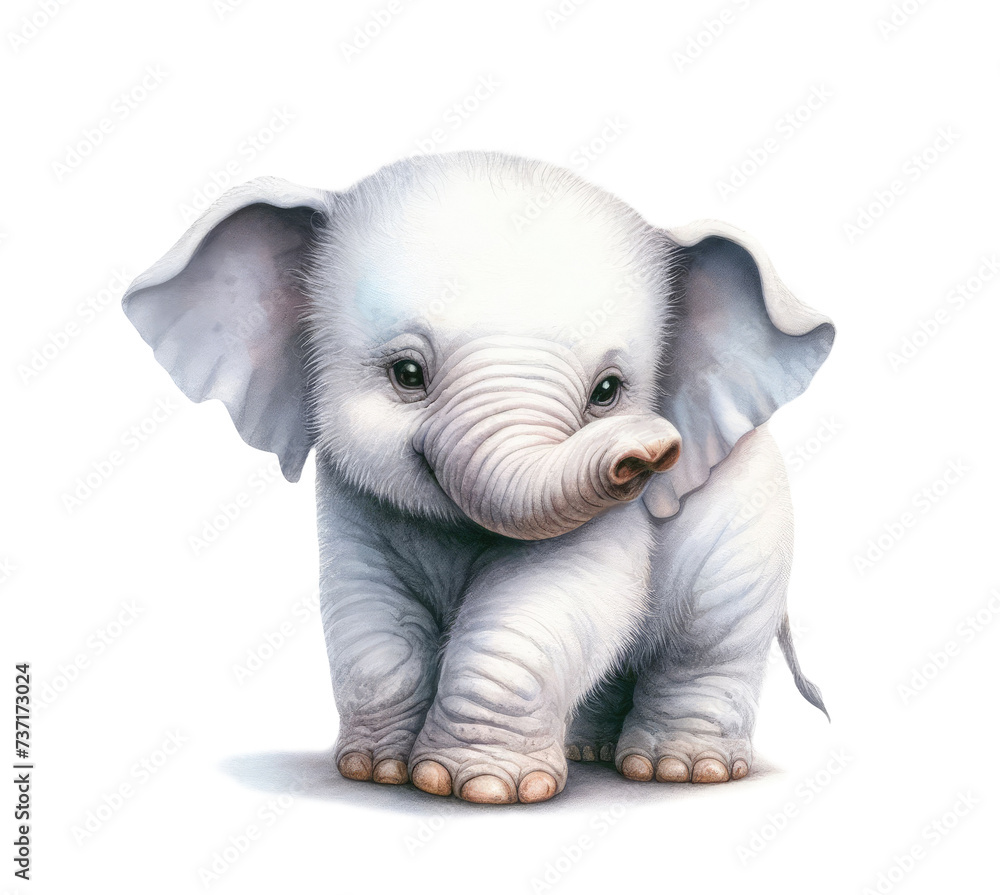 Gray baby elephant, watercolor cute illustration on white background