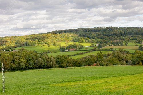 Summer landscape view, Hilly countryside of Zuid-Limburg with small villages on the hillside, farmland and forest, Epen is a village in the southern part of the Dutch province of Limburg, Netherlands.
