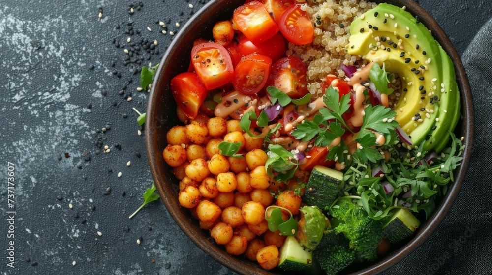 Healthy Buddha Bowl: A balanced and colorful Buddha bowl featuring quinoa, roasted vegetables, avocado, and a drizzle of tahini dressing.