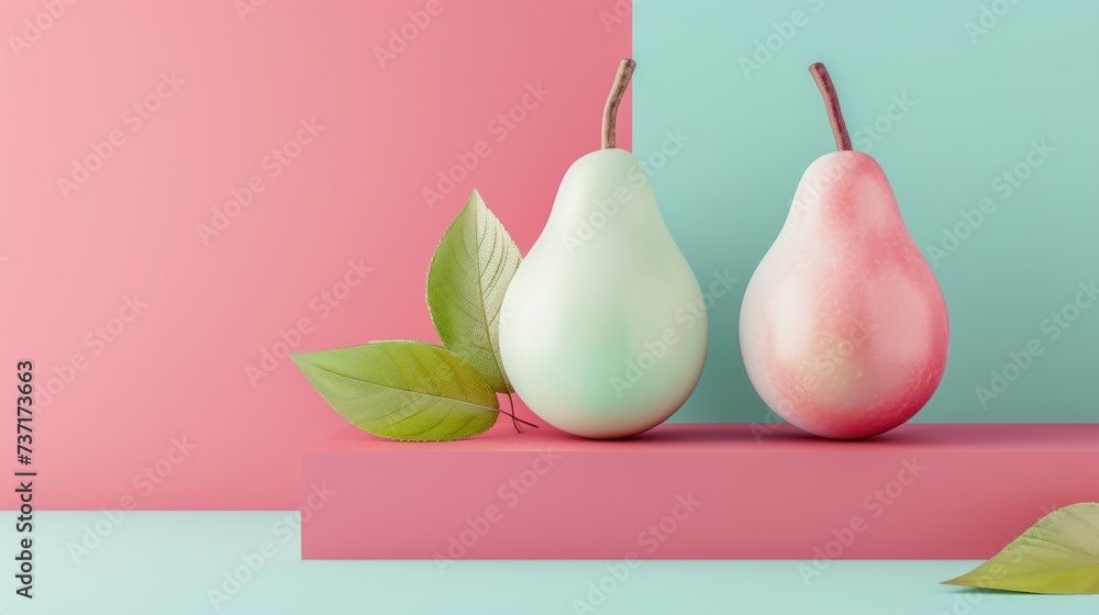 a couple of pears sitting next to each other on a pink and blue surface with a green leaf on top of it.