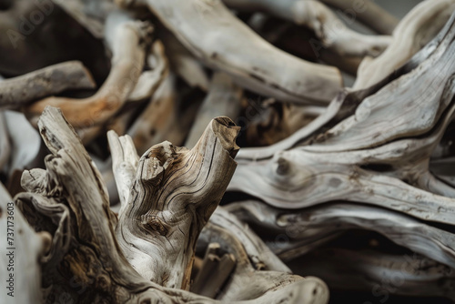 A macro shot of raw, unpolished driftwood, showcasing its intricate textures and organic shapes... photo