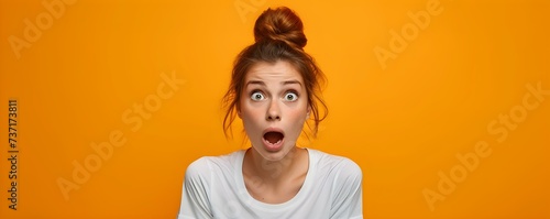 Shocked and amazed a young woman in a white tshirt shows fear and excitement. Concept Fear and Excitement, Shocked Expression, Young Woman, White T-Shirt photo