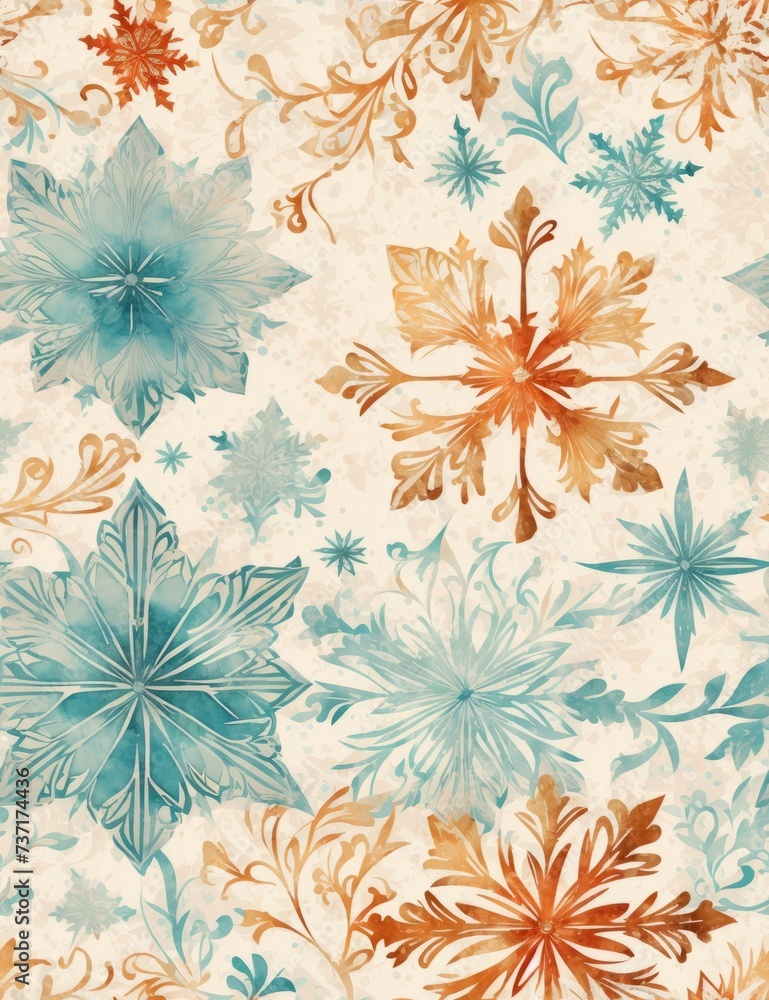 a seamless pattern of snowflakes and leaves on a white background , generated by AI