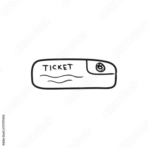 Airplane ticket for traveling abroad in black. Hand drawn vector sketch doodle illustration. Concept of travel, vacation, cinema, theater visiting, railway train paper card document.