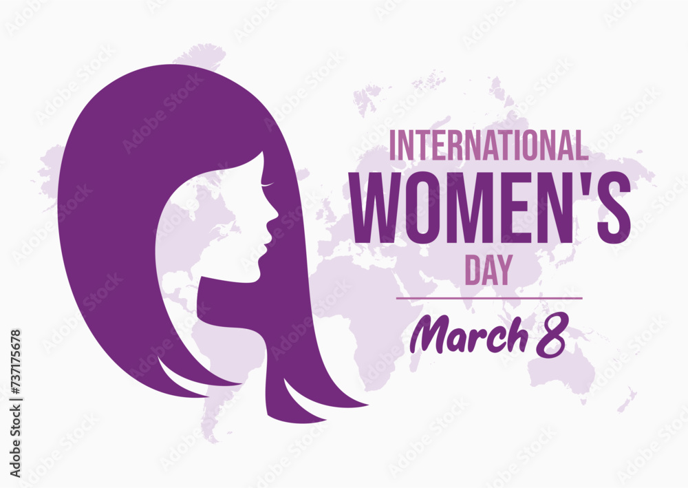 International Women's Day poster with woman face in profile purple silhouette vector illustration. Girl with long hair symbol. Template for background, banner, card. March 8 every year. Important day