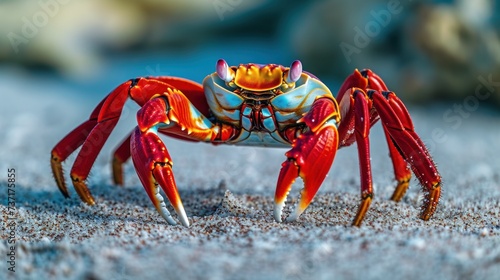 a close up of a red and white crab on a sandy beach with a rock in the background and a blurry background.