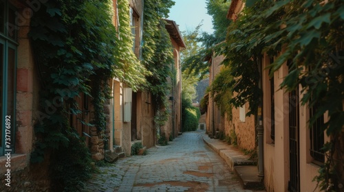 Flowery street of old town on a summer day in a small village