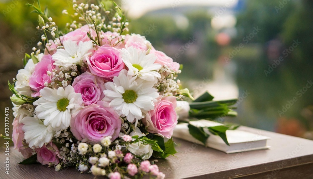 Beautiful wedding bouquet on table. Pink and white flowers.