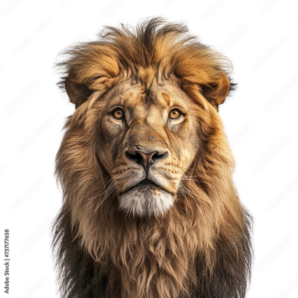 The lion look at camera isolated on transparent background, cut out, png