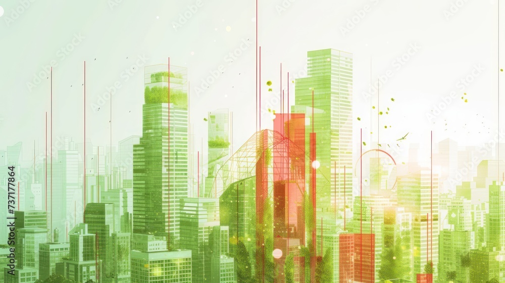 a green and red cityscape with skyscrapers and birds flying in the sky in the foreground of the image.