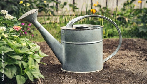 Metal watering can on the ground in floral garden. Green plants and flowers