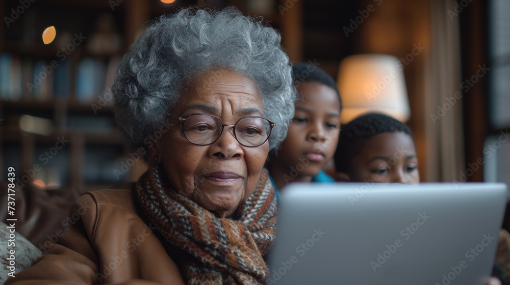 african american old woman and african american sons using laptop african american old woman and african american sons using laptop