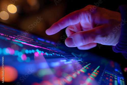 The hand of a businessman or investor pointing at a computer screen, screen with stock market chart analysis or research information for trading and investing