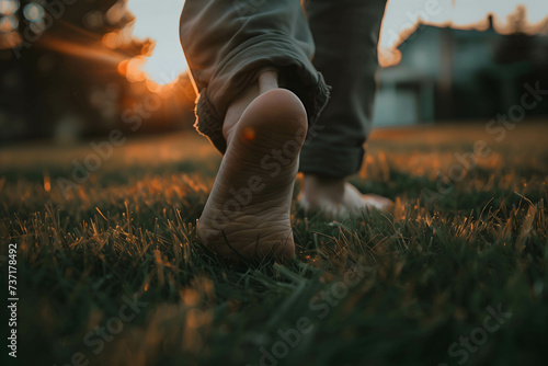close up of the bare feet of a person walking on the grass, therapy and reduce stress in living and investing and doing business photo
