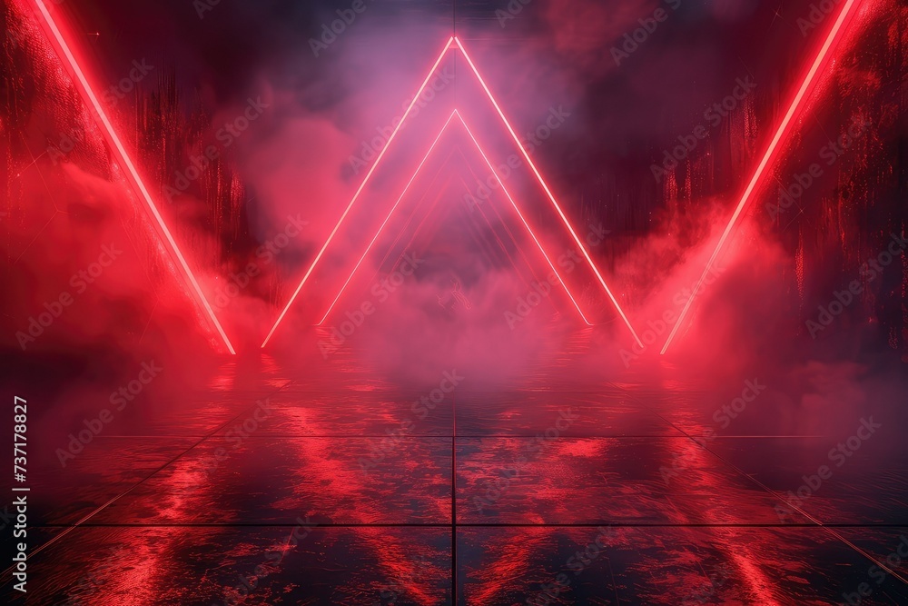 Abstract black red gaming background with modern luxury grid pattern retro vapor synthwave smoke fog, neon red light ray and triangle stripes line.