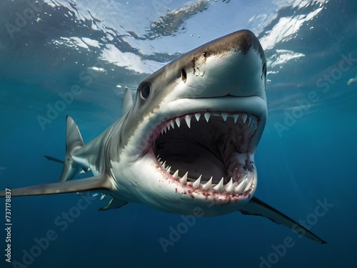 Sharks with open jaws underwater, sharks with teeth. Generative AI