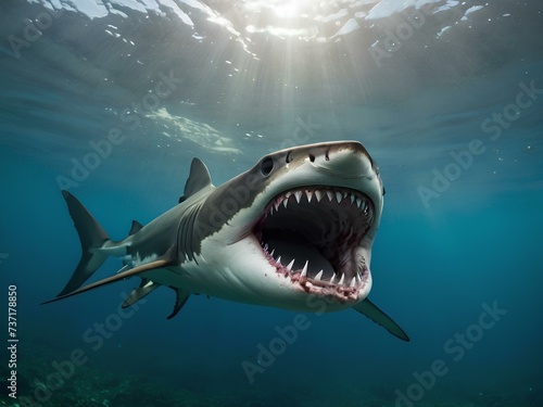 Sharks with open jaws underwater, sharks with teeth. Generative AI © mdbhraju76