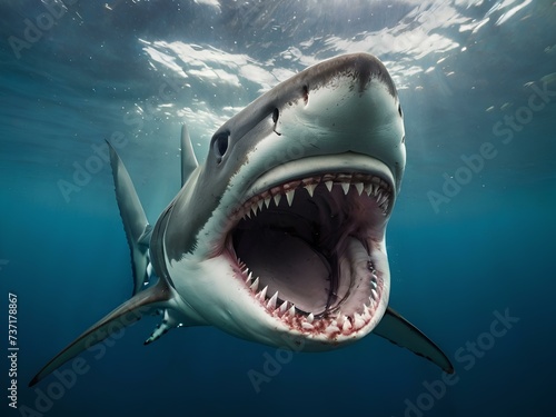 Sharks with open jaws underwater, sharks with teeth. Generative AI © mdbhraju76