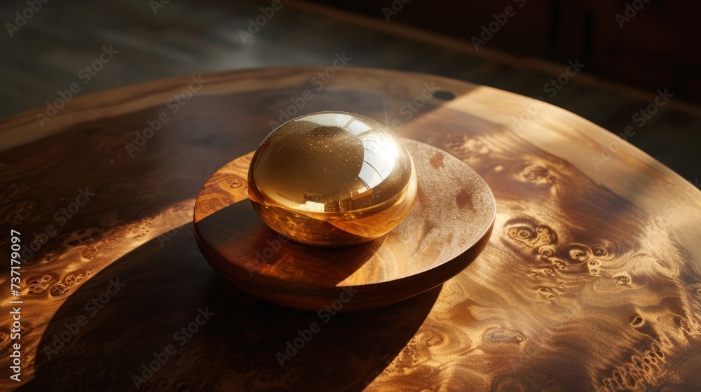 a glass ball sitting on top of a wooden plate on top of a wooden table on top of a wooden table.
